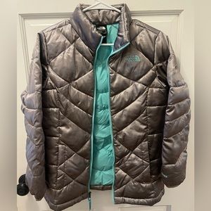 Silver and teal girls North Face Winter Jacket